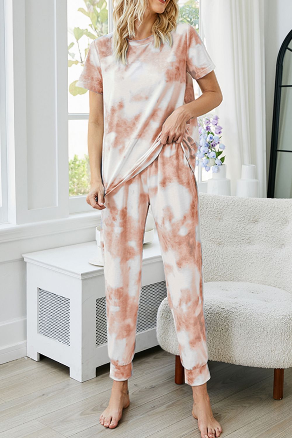 tie-dye round neck short sleeve top and pants lounge set