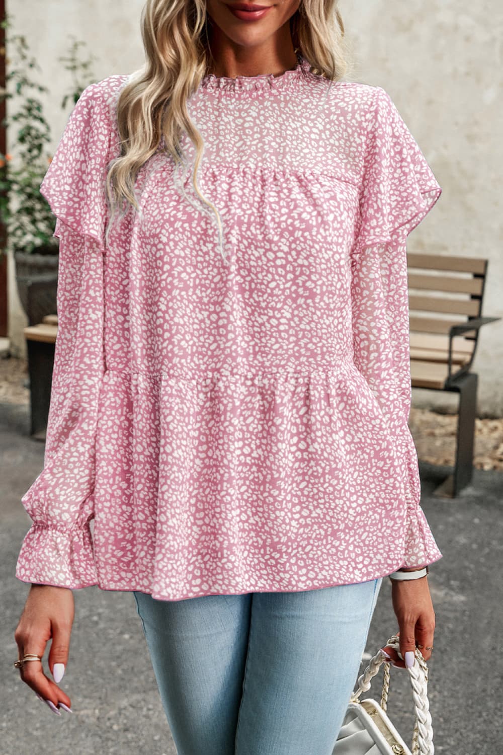 printed round neck flounce sleeve blouse