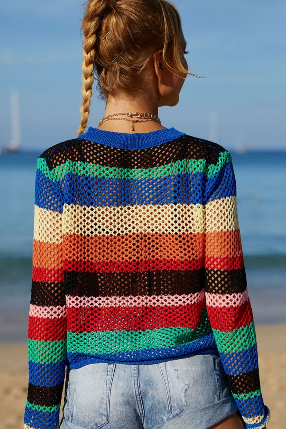 rainbow stripe openwork long sleeve cover-up