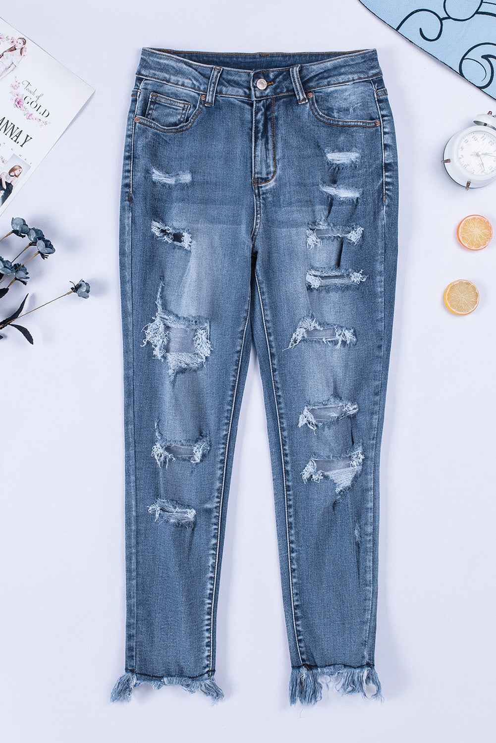 baeful distressed frayed hem cropped jeans