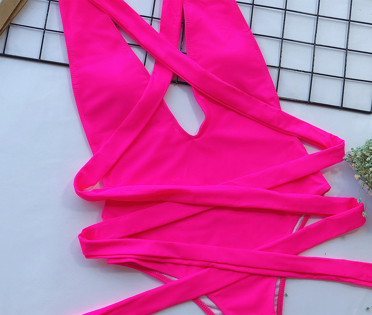 halter neck deep v tied one-piece swimsuit
