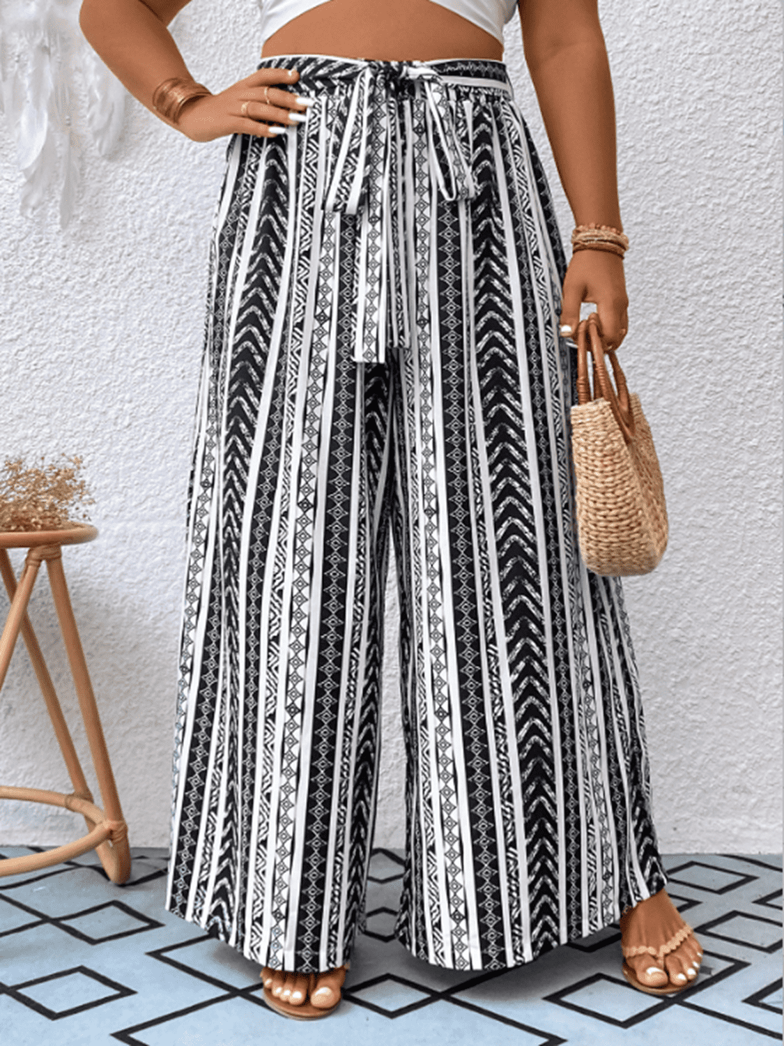 plus size striped tied wide leg pants