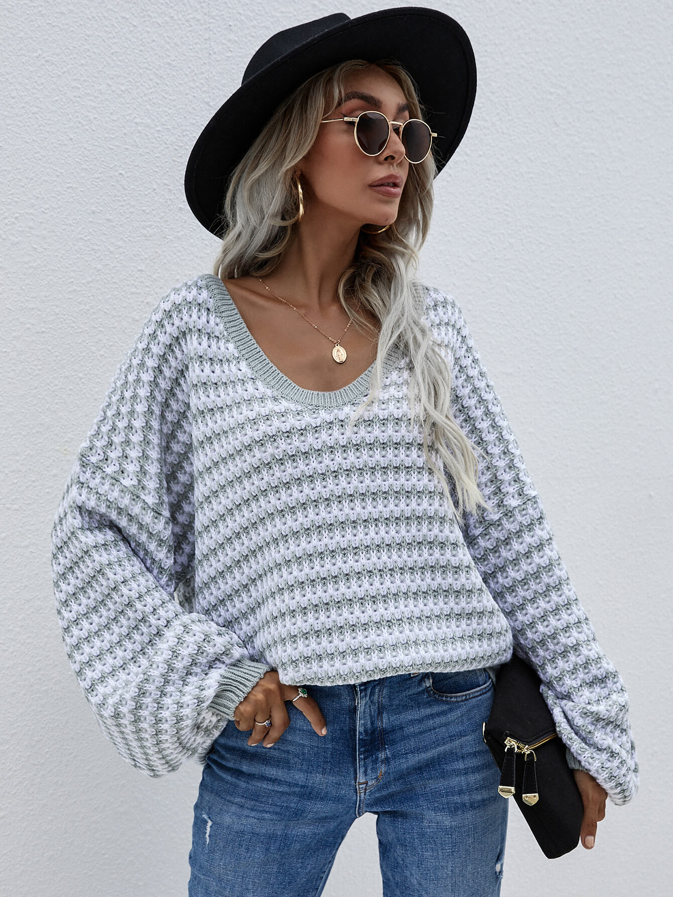 striped drop shoulder v-neck pullover sweater