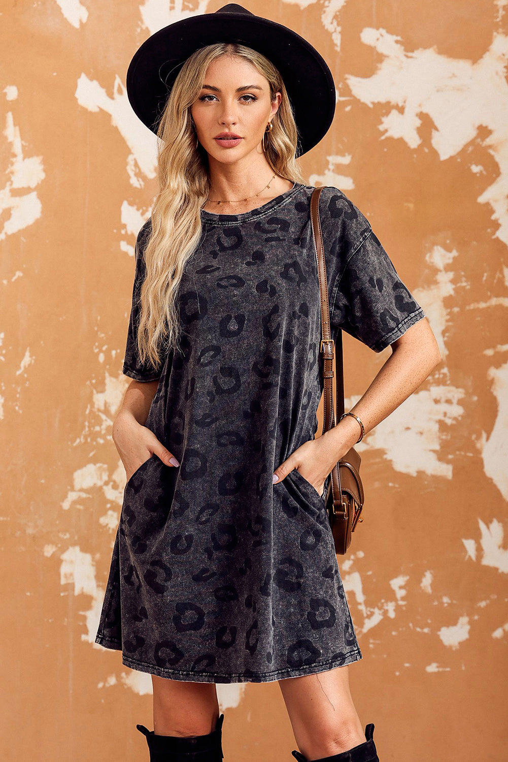 leopard round neck dropped shoulder dress with pockets