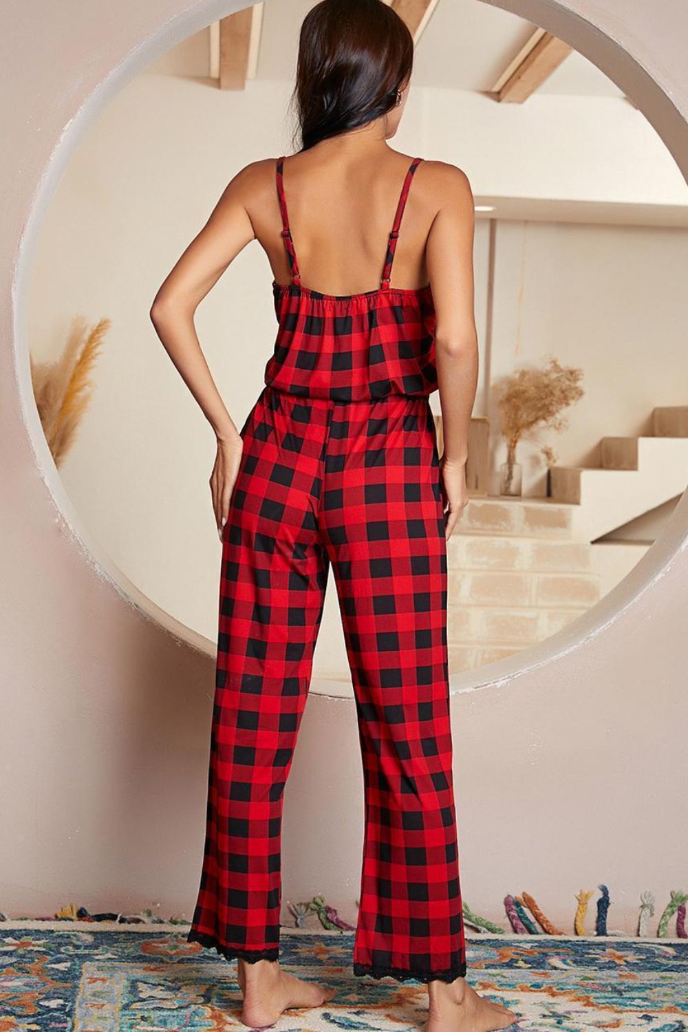 plaid lace trim spaghetti strap jumpsuit