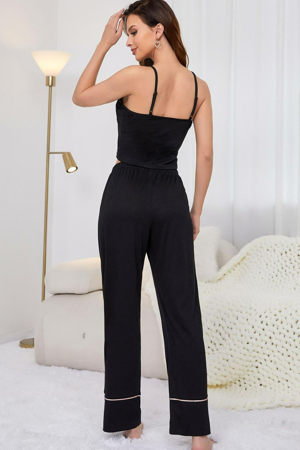 contrast trim cropped cami and pants loungewear set