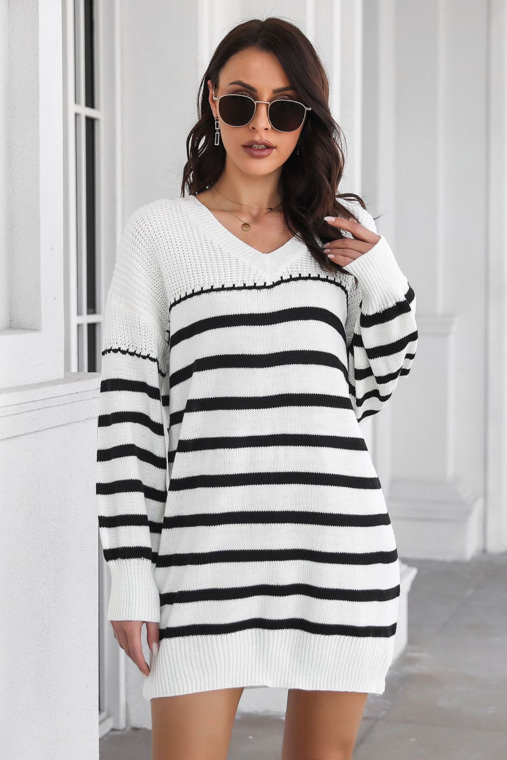 striped v-neck drop shulder sweater dress