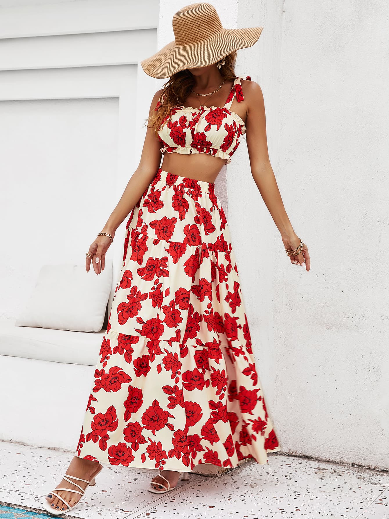 floral tie shoulder top and tiered maxi skirt set