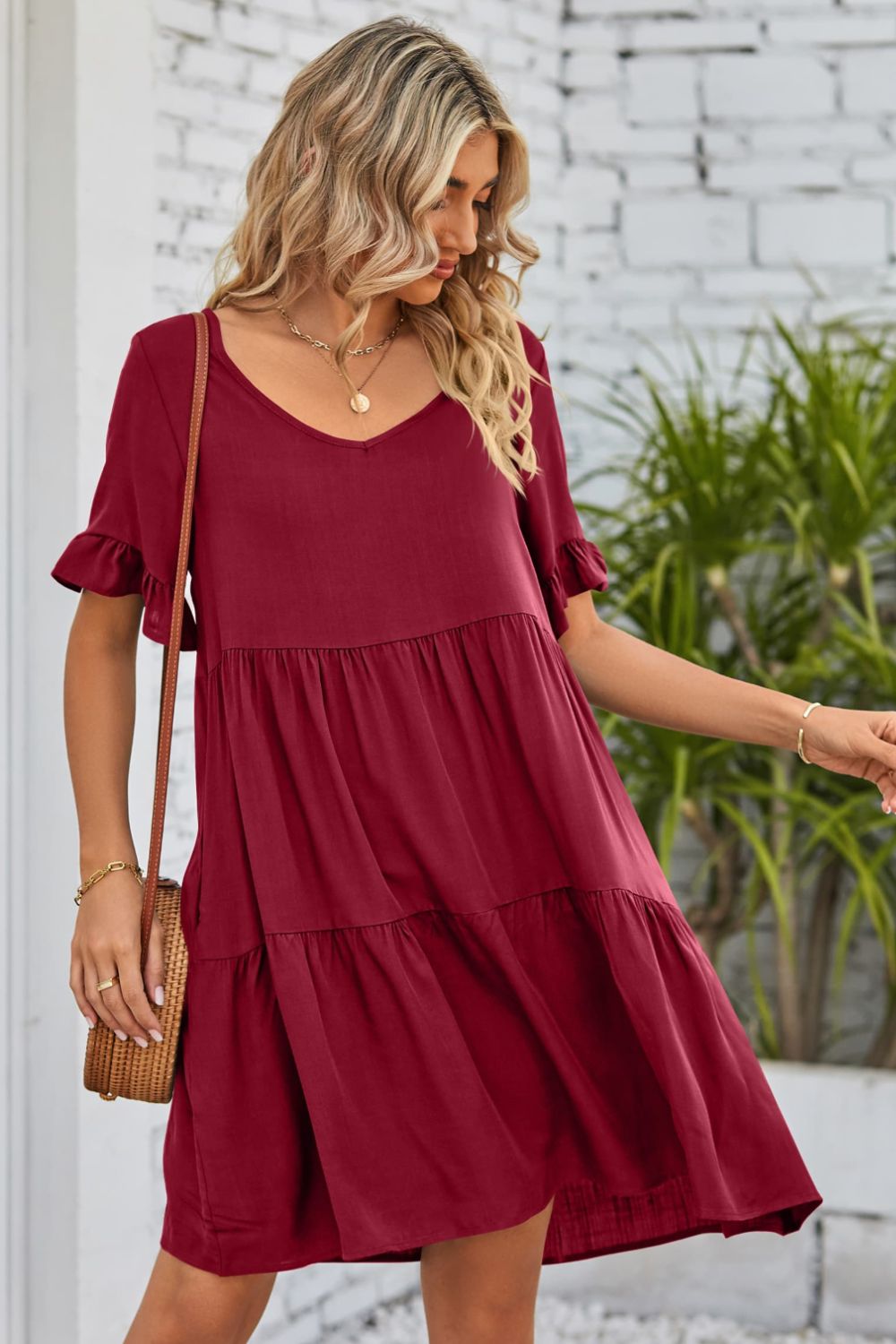 v-neck flounce sleeve tiered dress