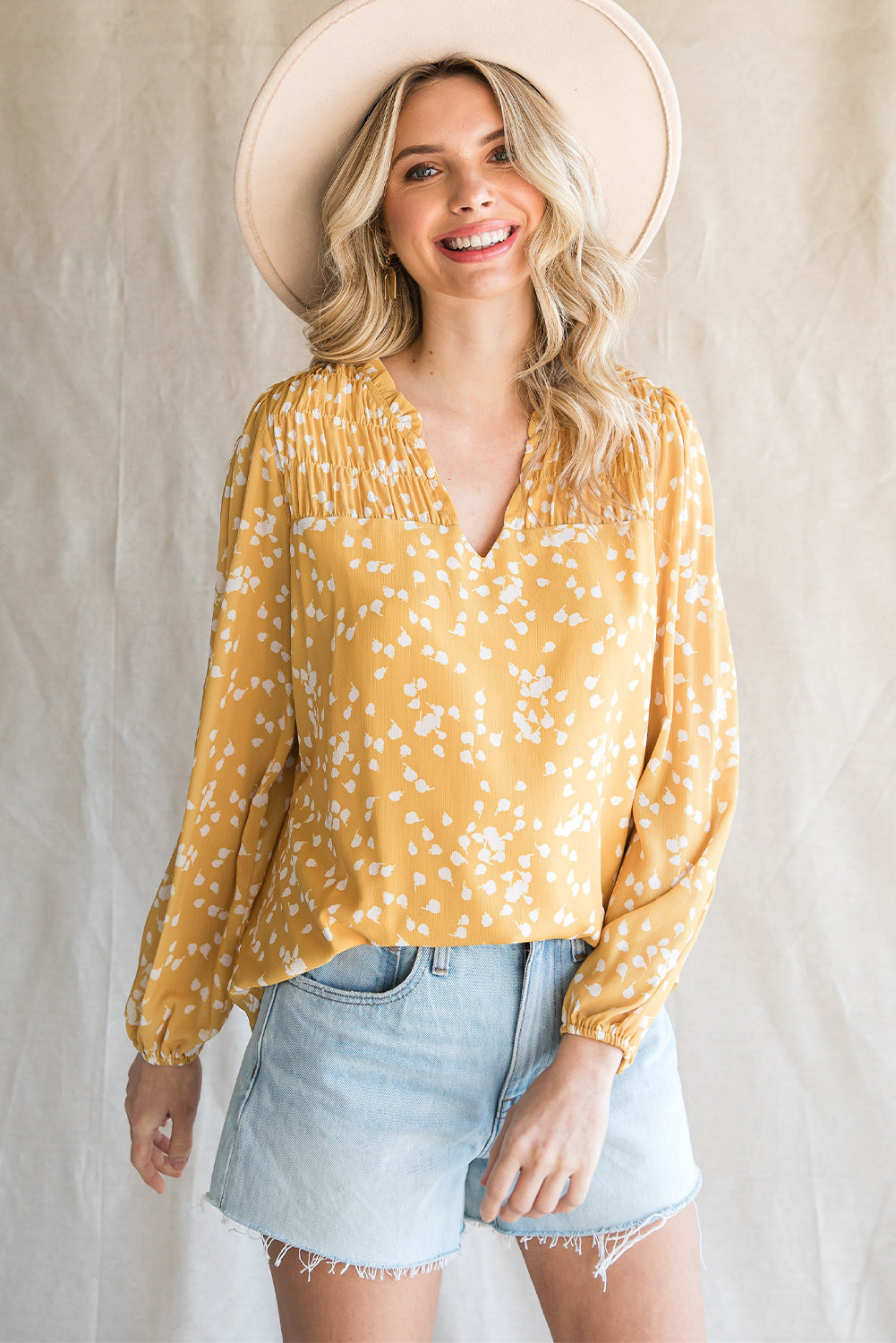double take printed notched neck smocked blouse