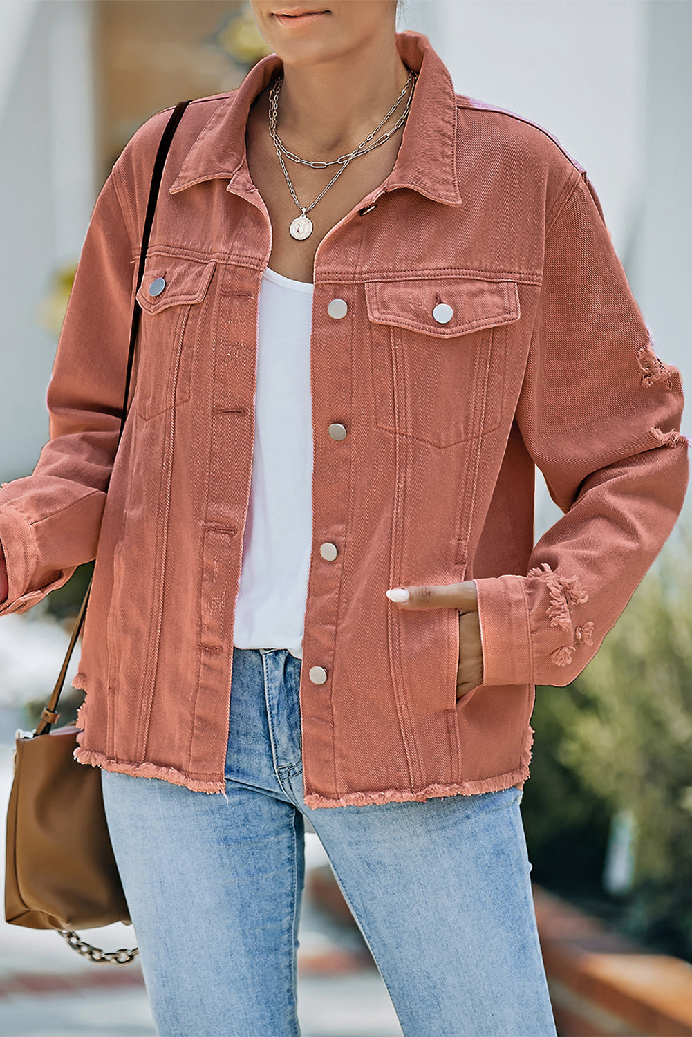 distressed raw hem denim jacket