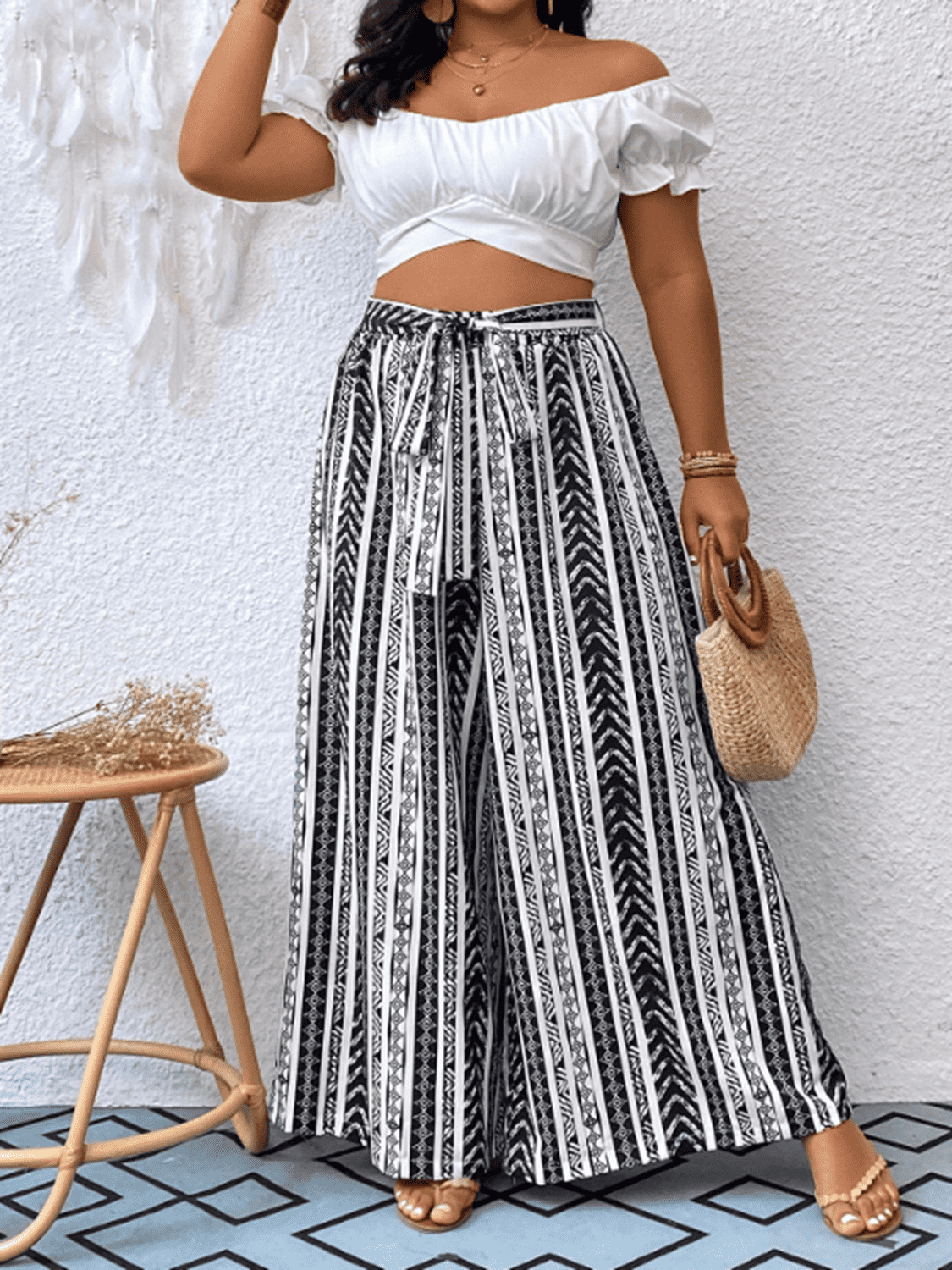 plus size striped tied wide leg pants