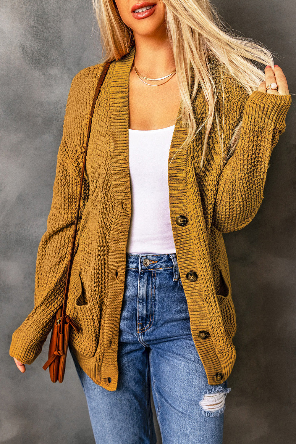 drop shoulder button down pocketed cardigan