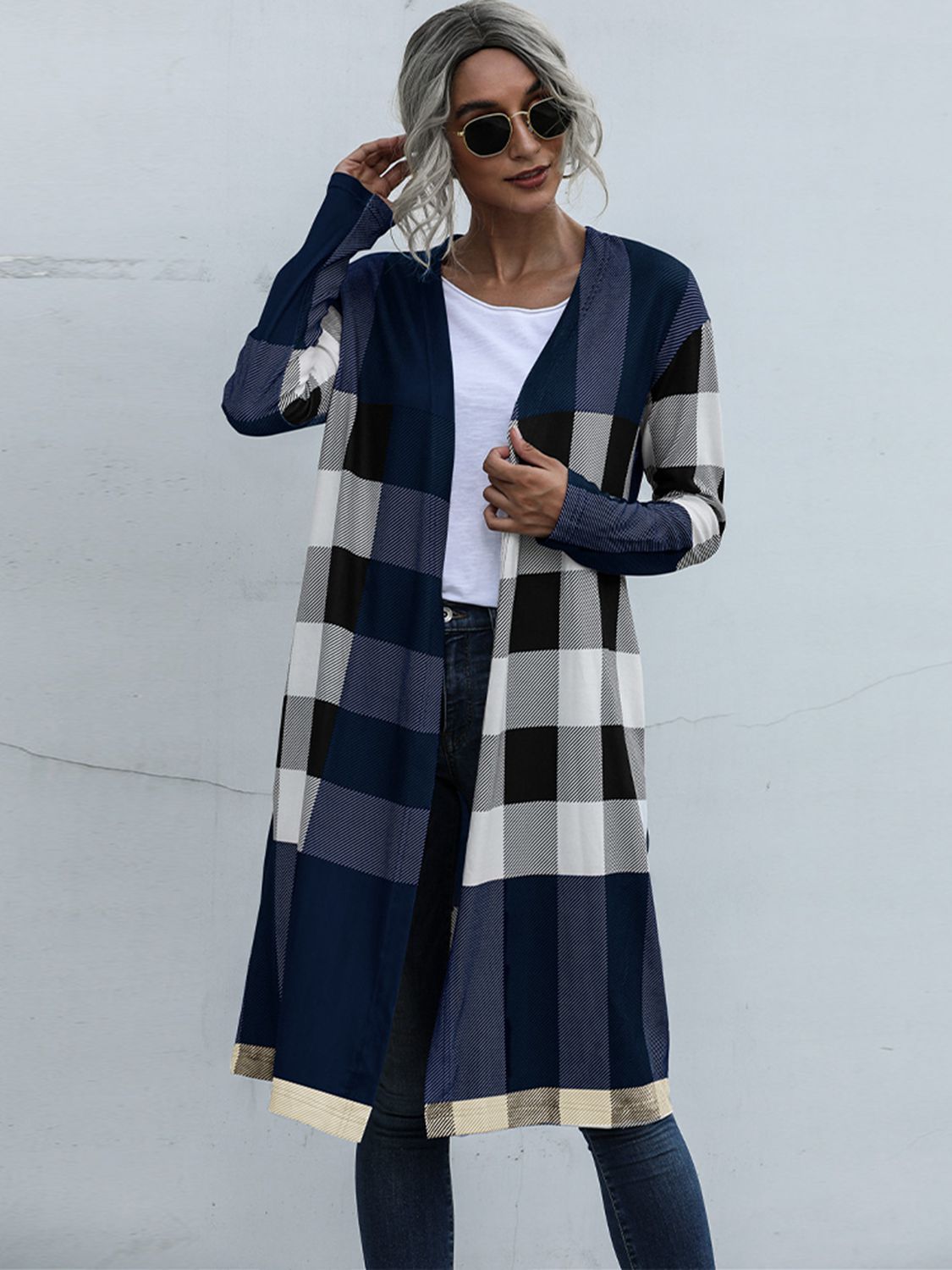 plaid open front longline cardigan