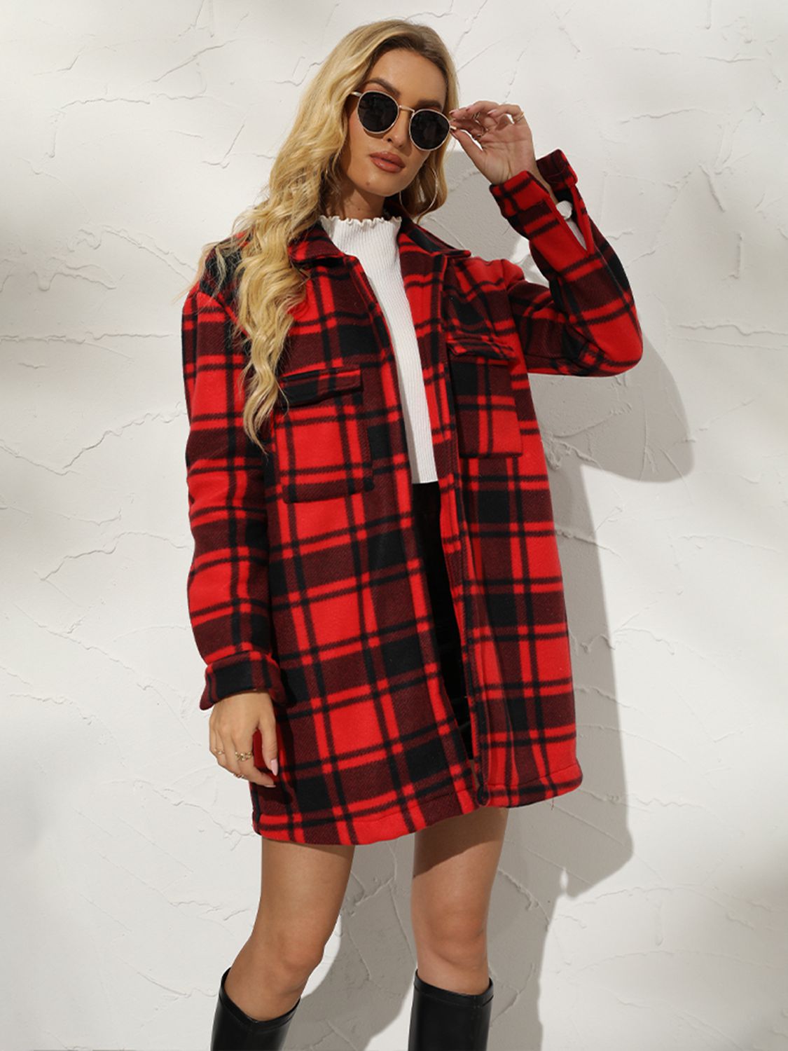 plaid collared longline coat