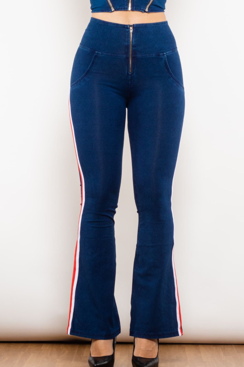 side stripe zip closure bootcut jeans