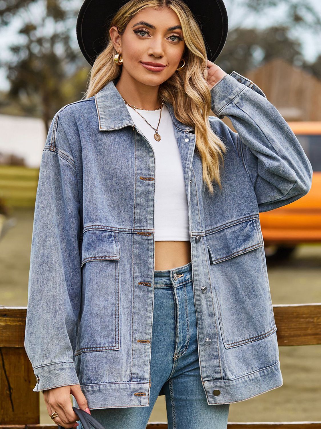 dropped shoulder denim jacket with pockets