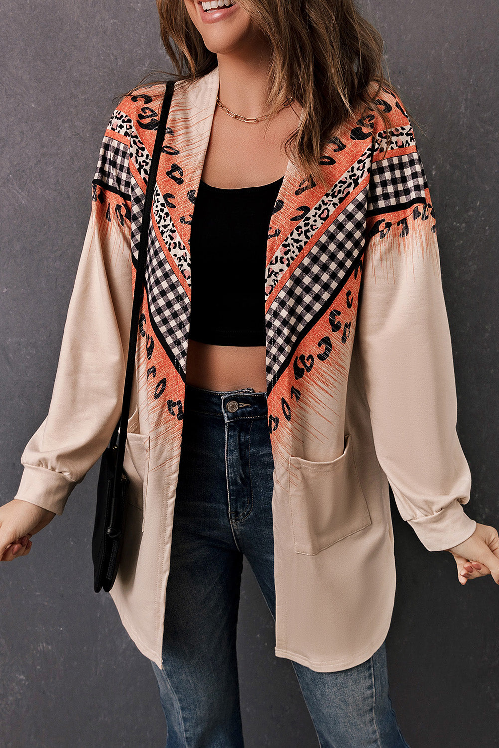 double take leopard plaid open front longline cardigan with pockets