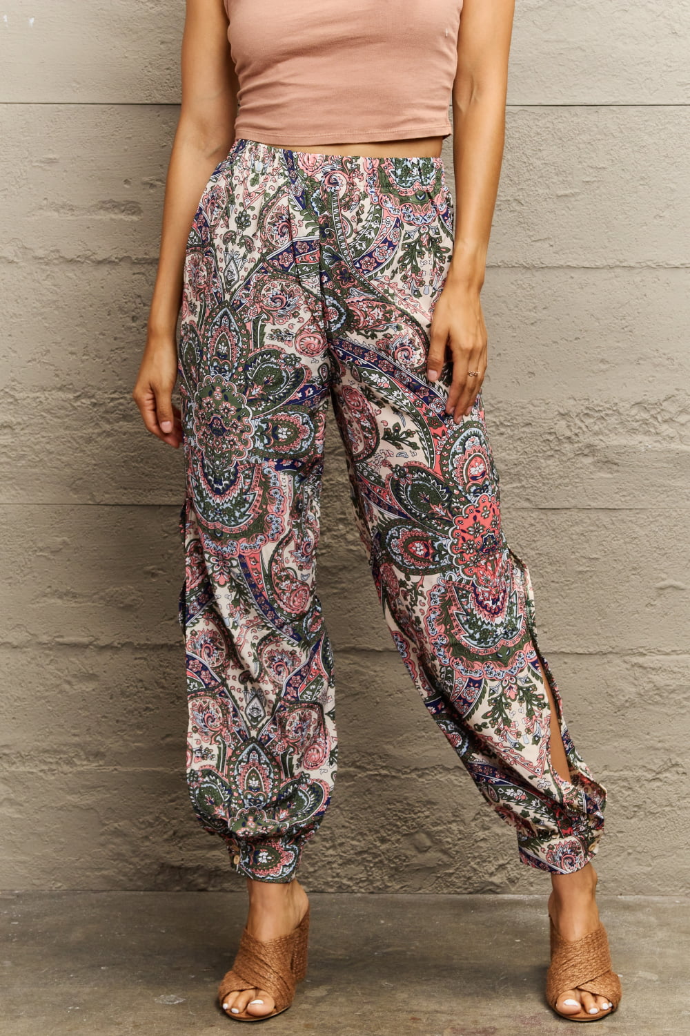 printed cutout long pants