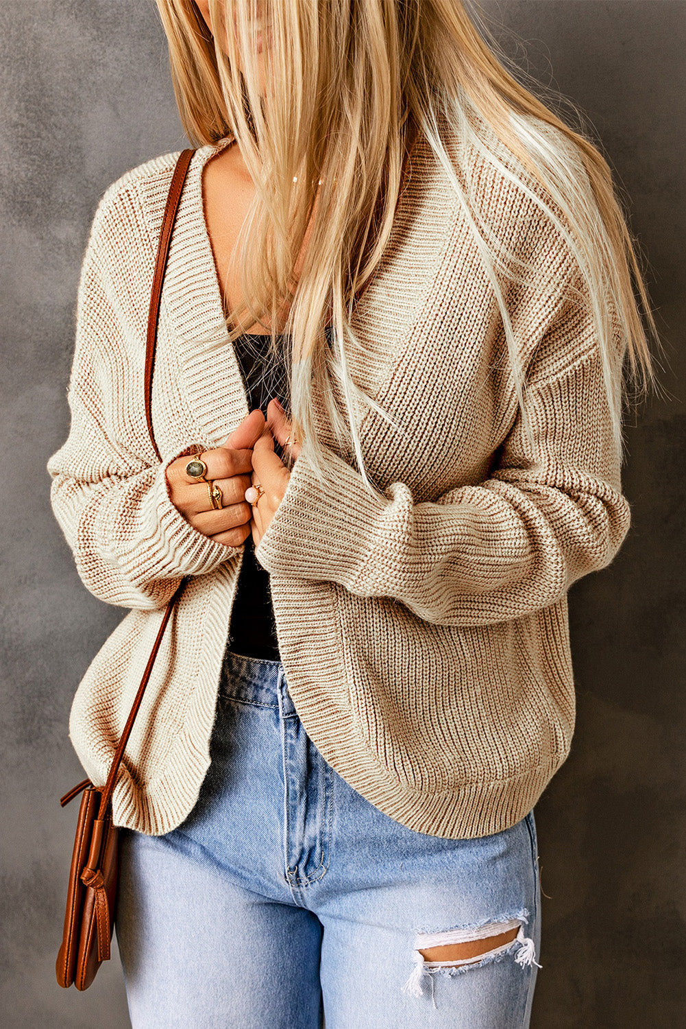 open front drop shoulder rib-knit cardigan