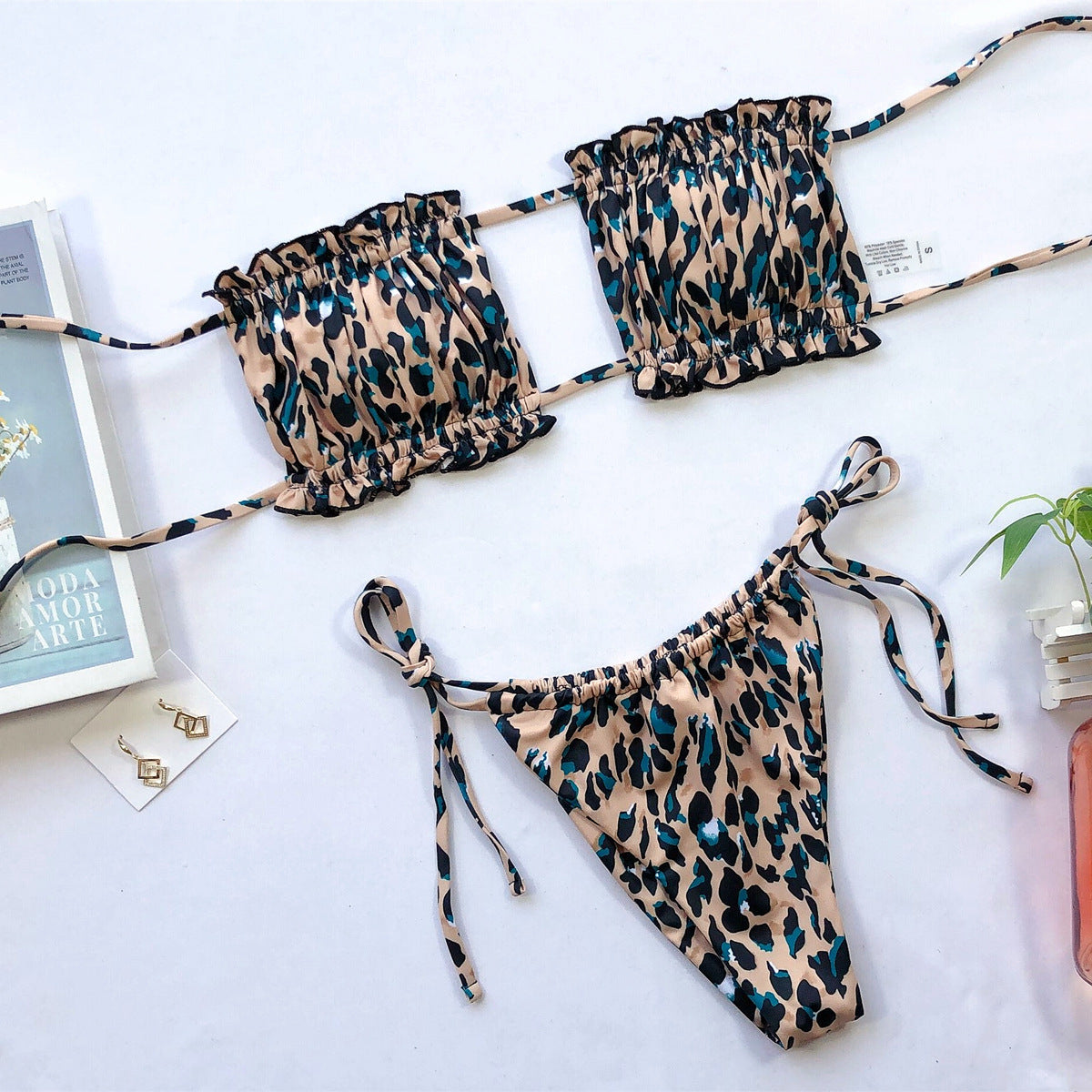 frill trim ruched bikini set