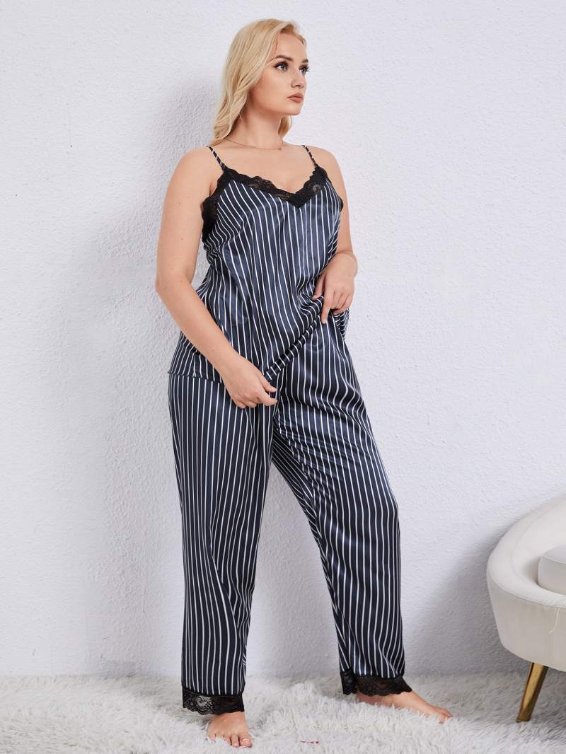 plus size vertical stripe lace trim cami and pants pajama set