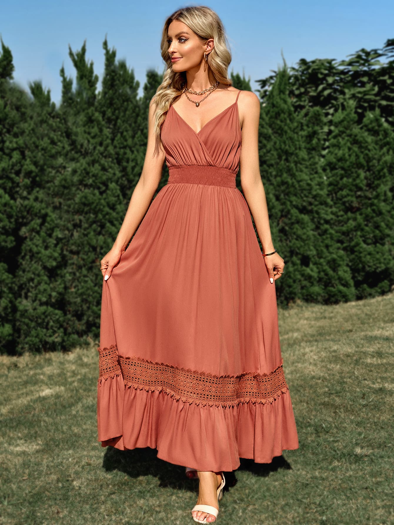 spaghetti strap smocked waist spliced lace dress