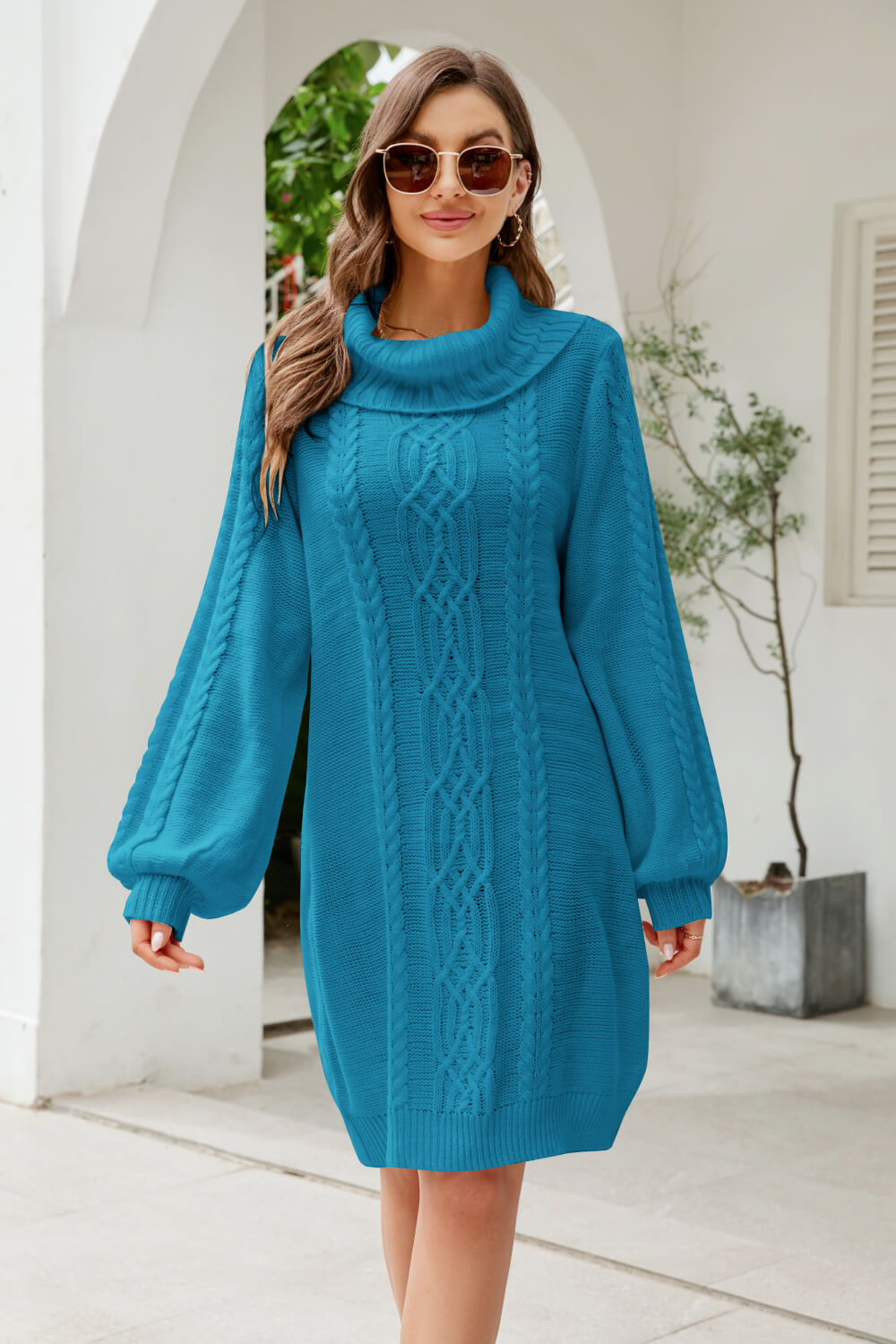 woven right mixed knit turtleneck lantern sleeve sweater dress