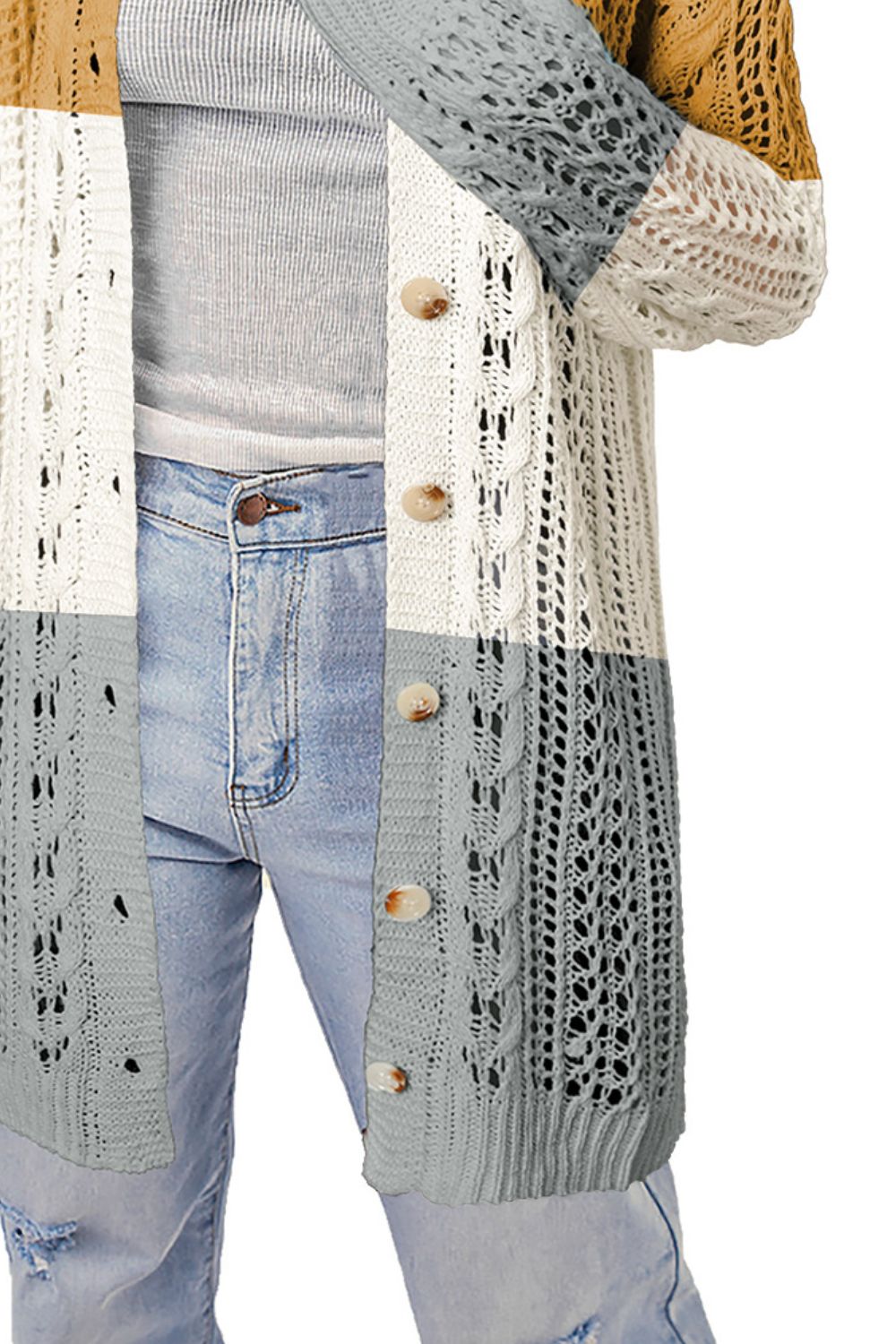 double take openwork ribbed cuff longline cardigan