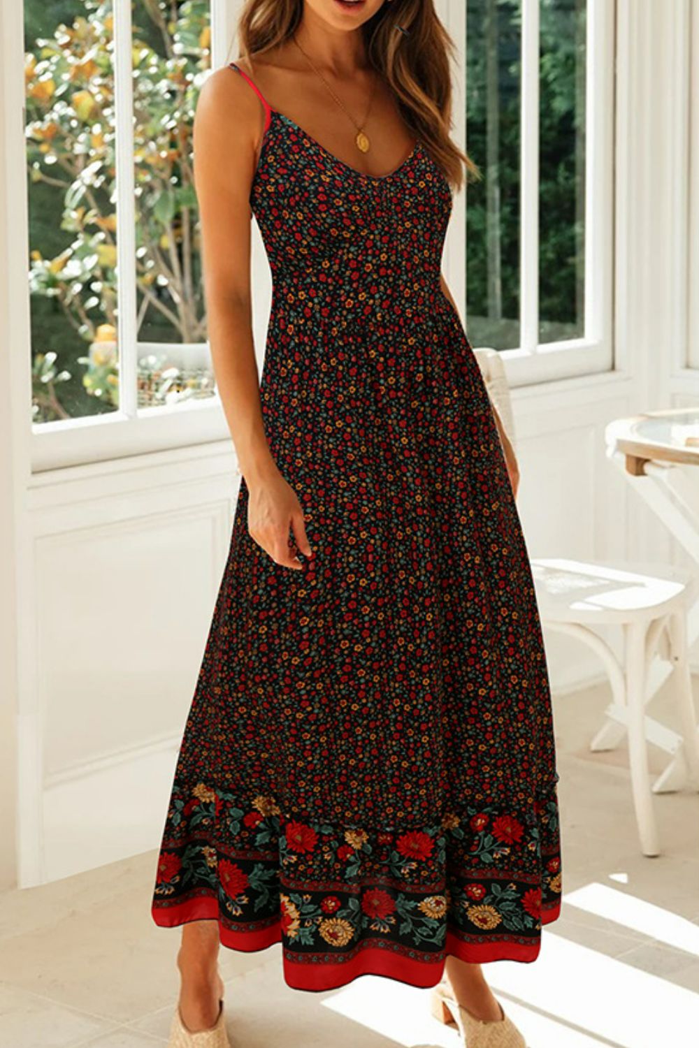 bohemian spaghetti strap frill trim maxi dress