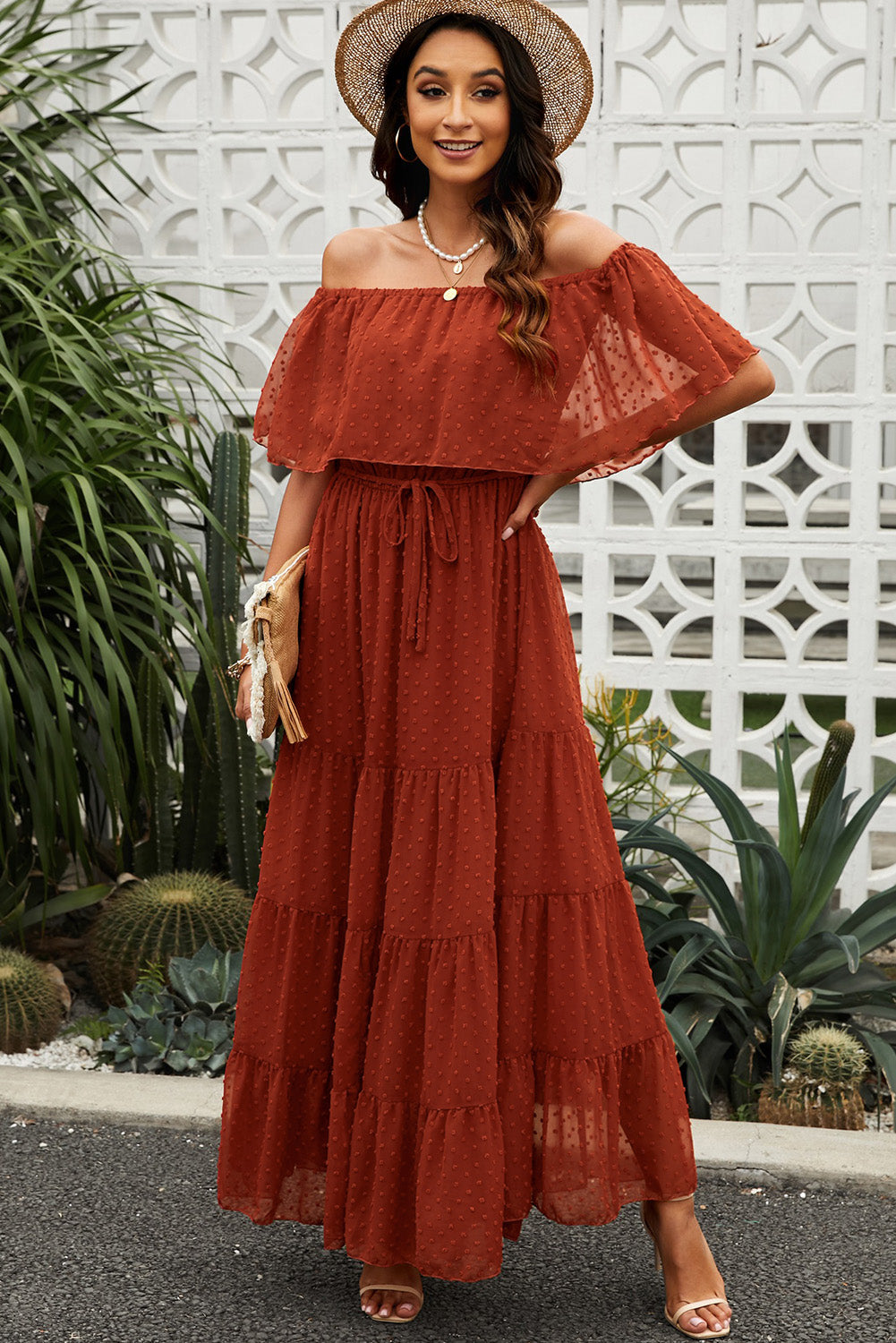 swiss dot off-shoulder tiered maxi dress