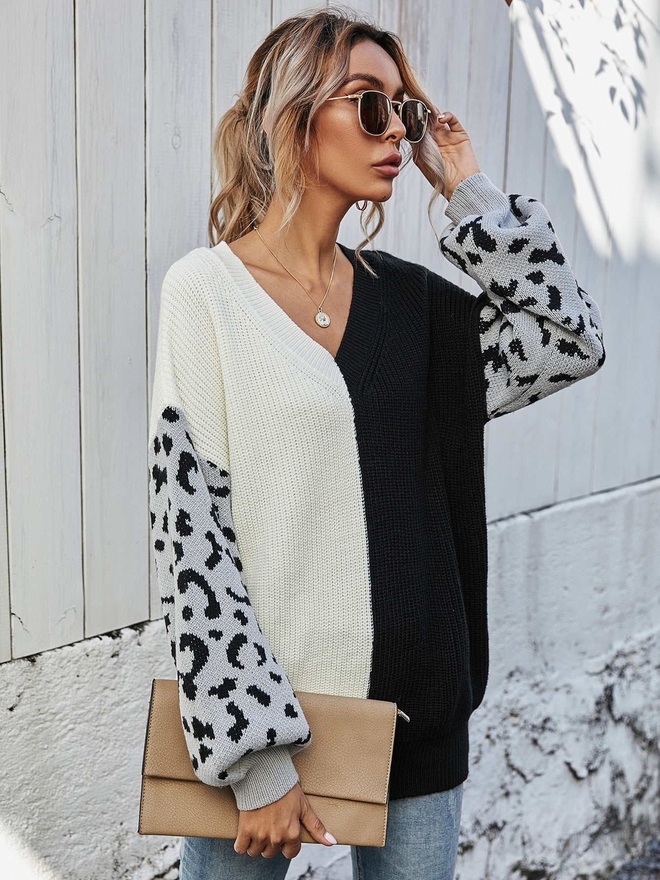 woven right leopard color block v-neck tunic pullover sweater