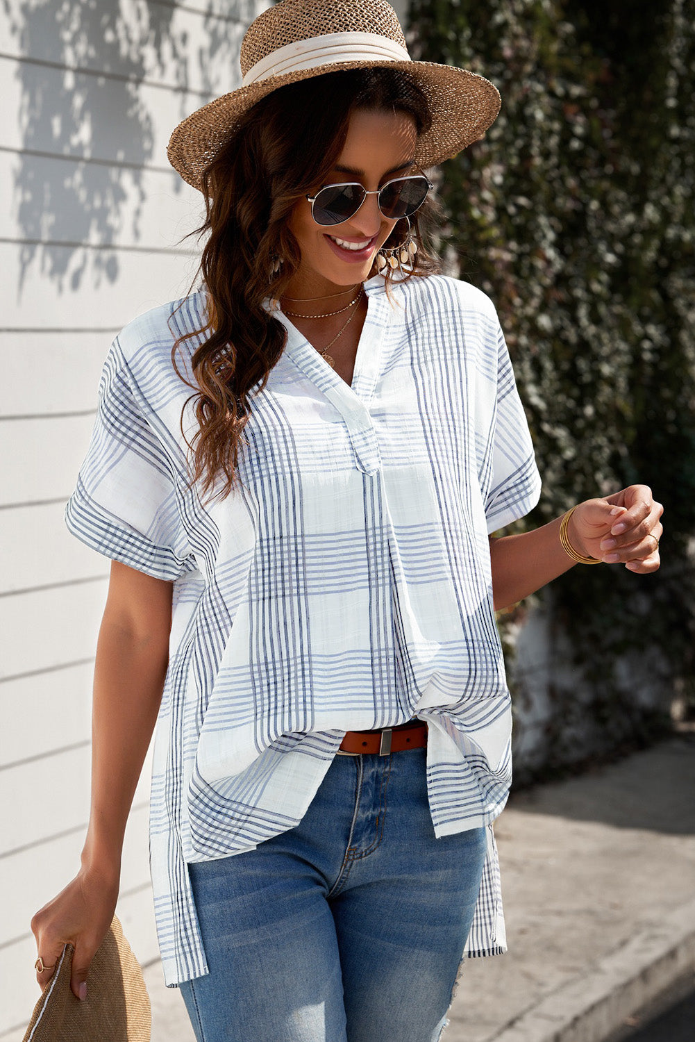 notched side slit cuffed blouse