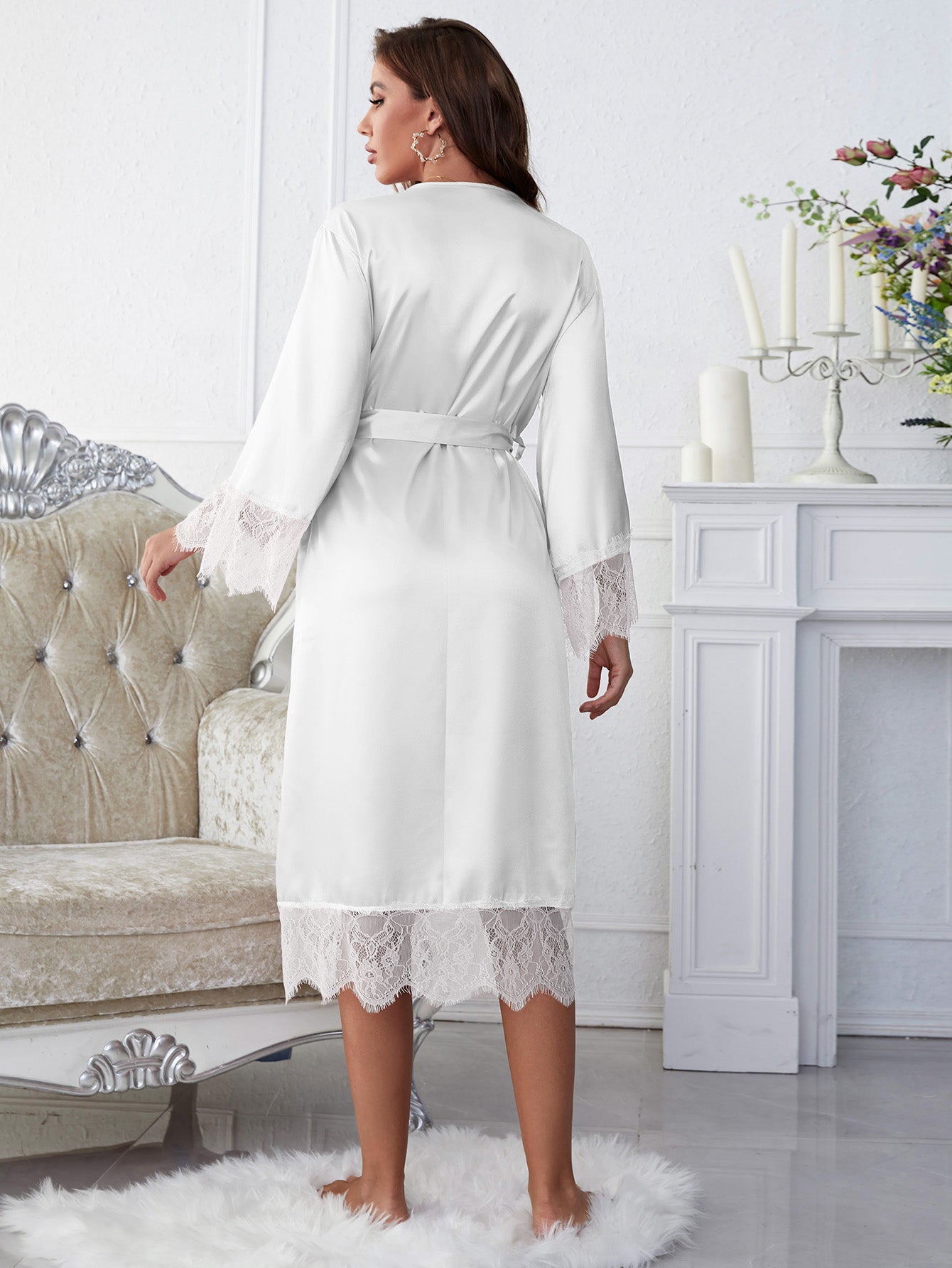 scalloped trim tie-waist spliced lace robe