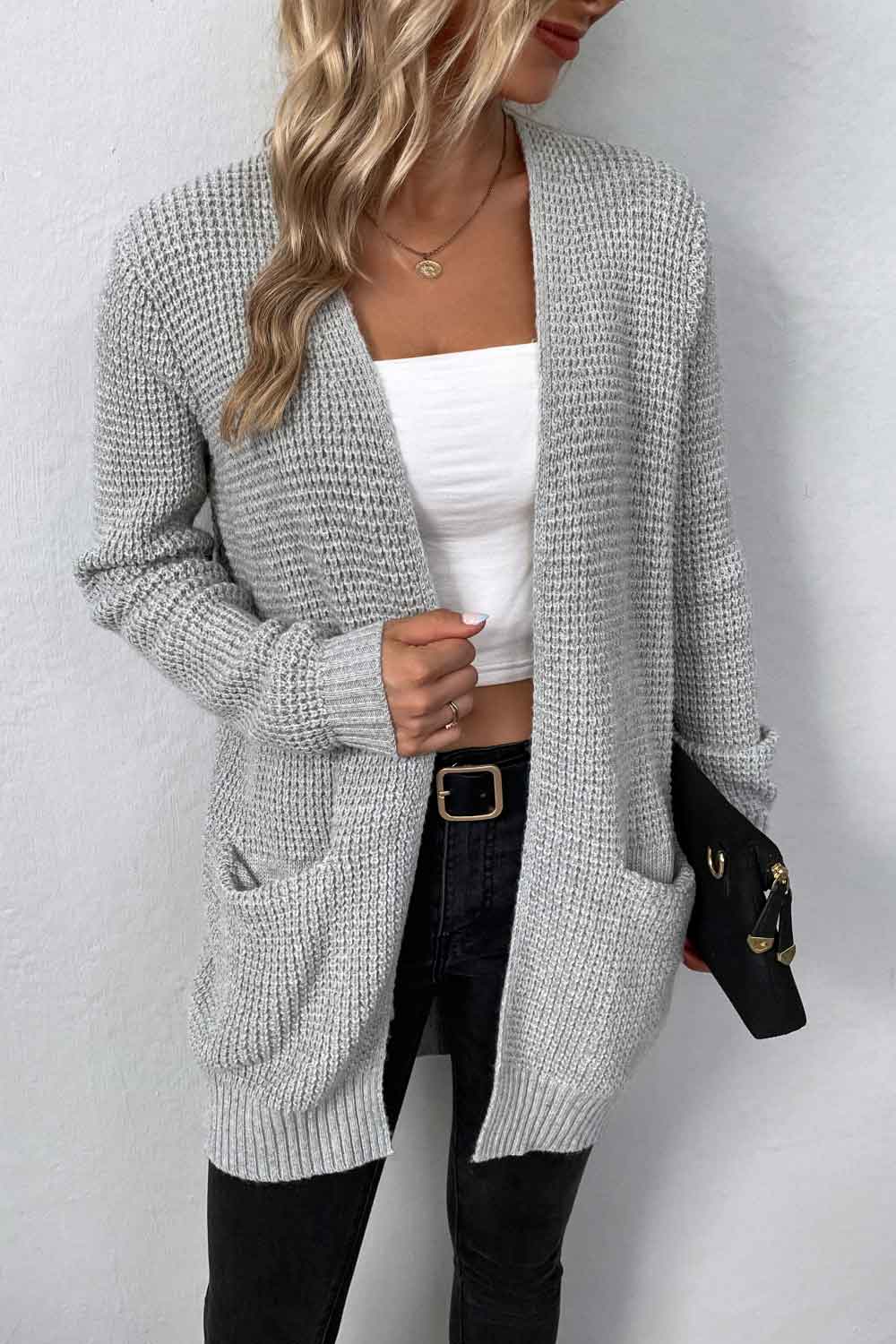 rib-knit open front pocketed cardigan