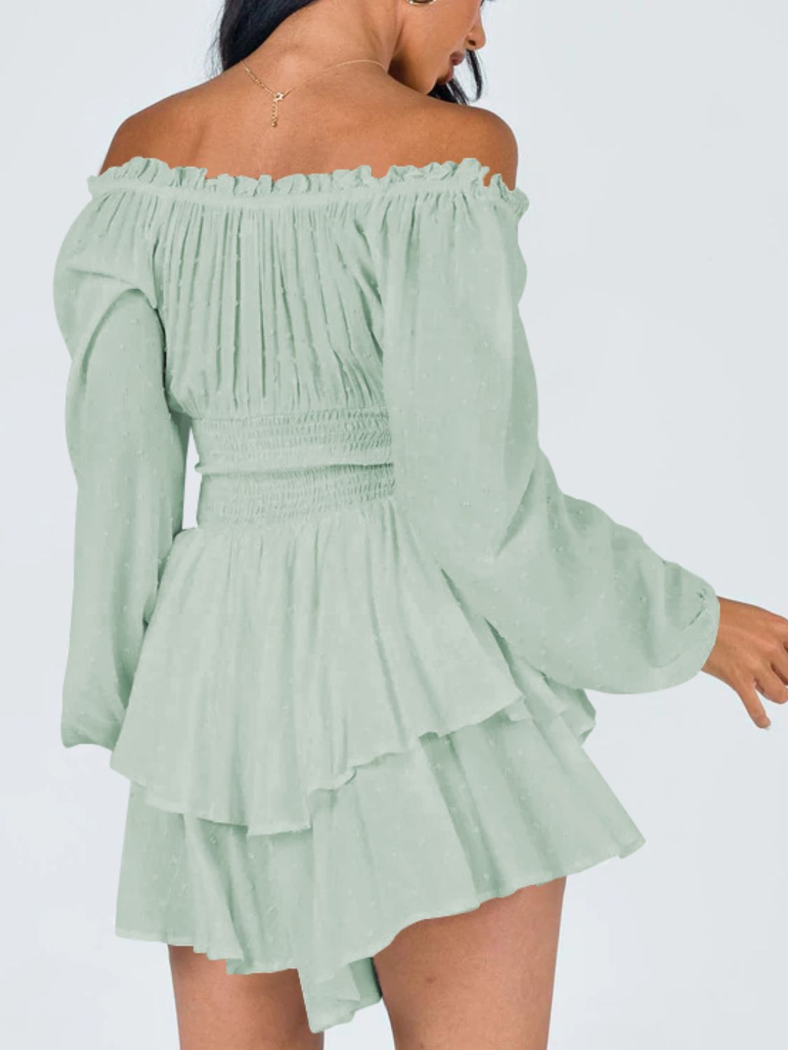 off shoulder smocked waist romper