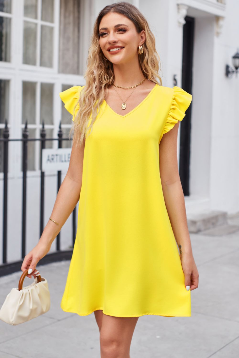 ruffled v-neck flutter sleeve dress