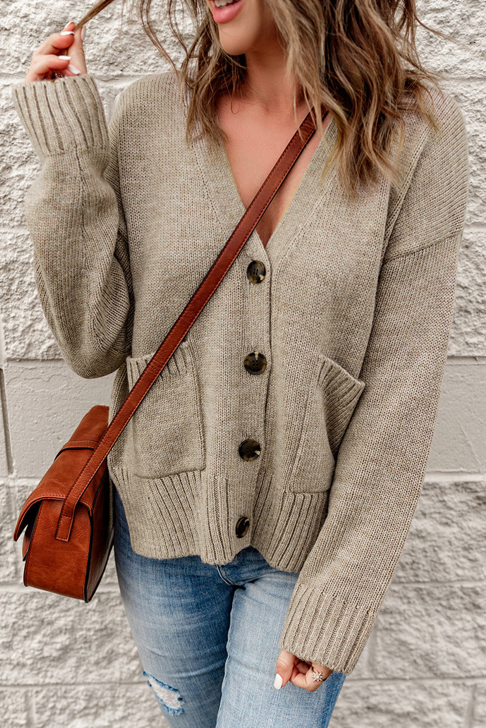 ribbed trim button down cardigan with pockets