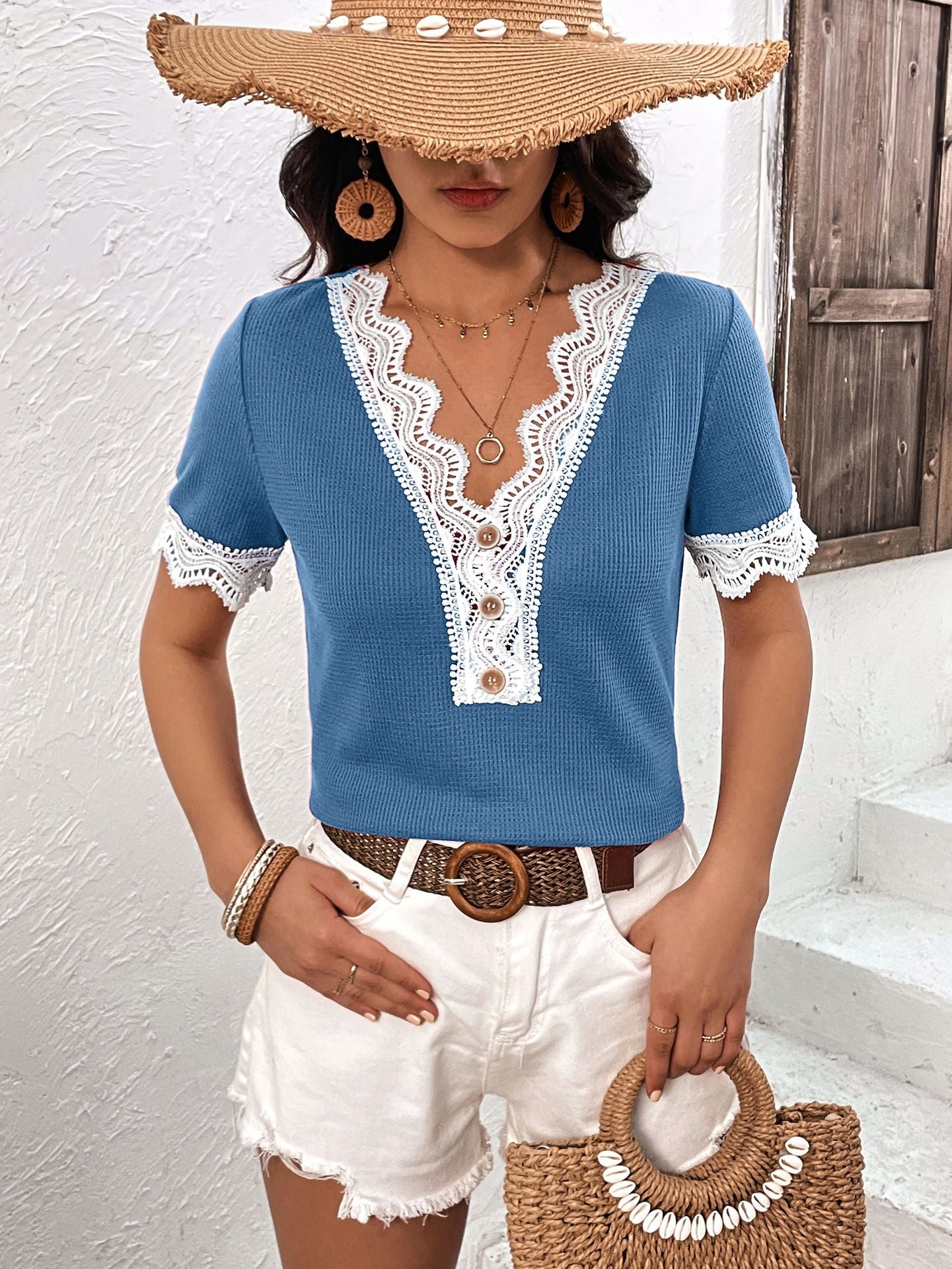 decorative button spliced lace short sleeve top