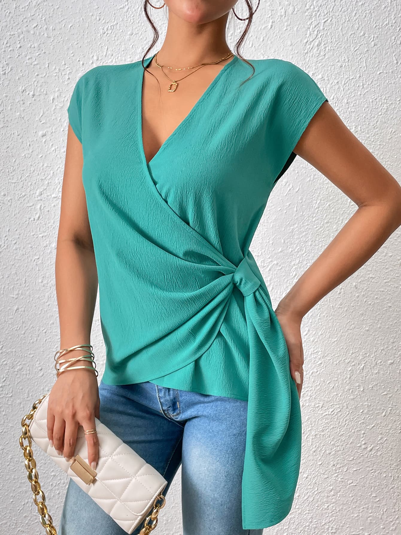 tied surplice neck short sleeve blouse