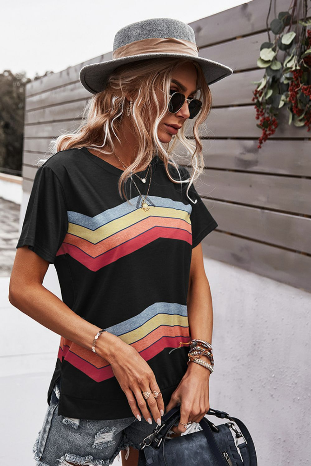 multicolored chevron stripe round neck side slit t-shirt