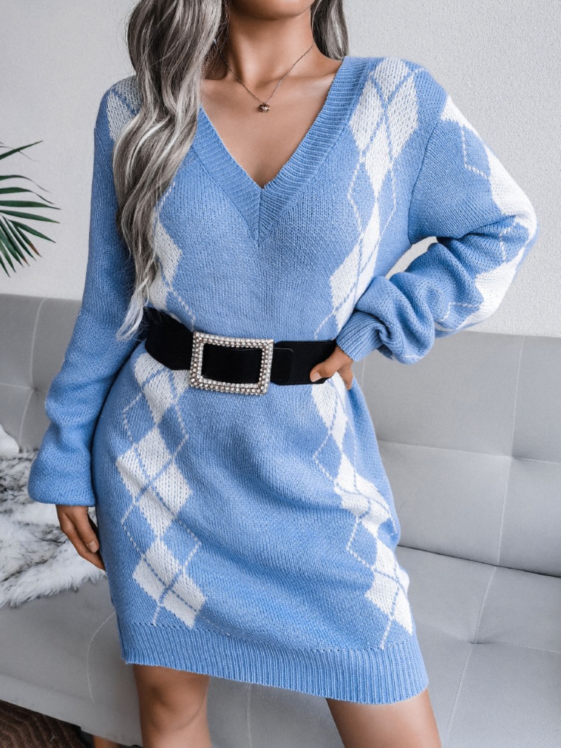 woven right argyle v-neck ribbed trim sweater dress