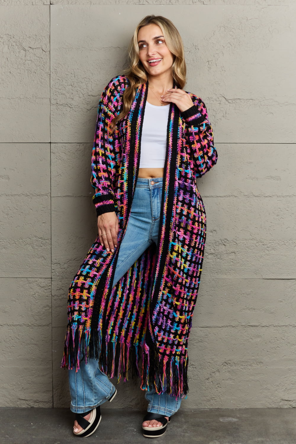 multicolored open front fringe hem cardigan