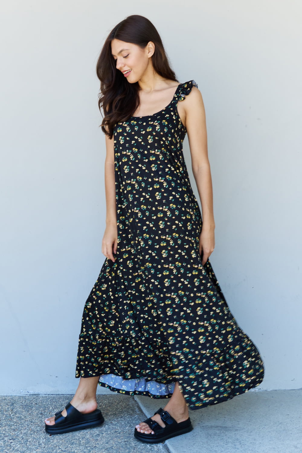 doublju in the garden ruffle floral maxi dress in  black yellow floral