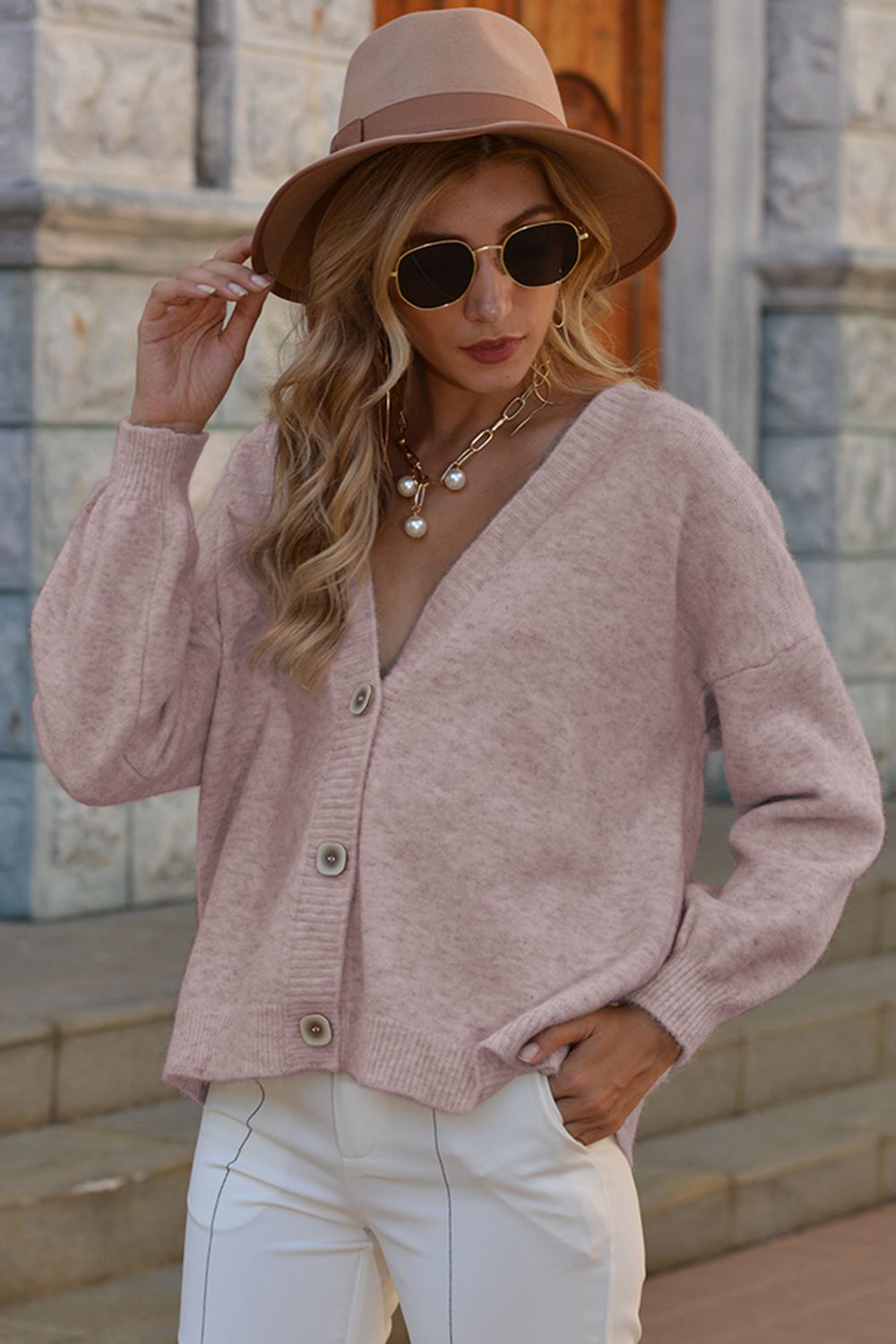 v-neck button-down dropped shoulder cardigan