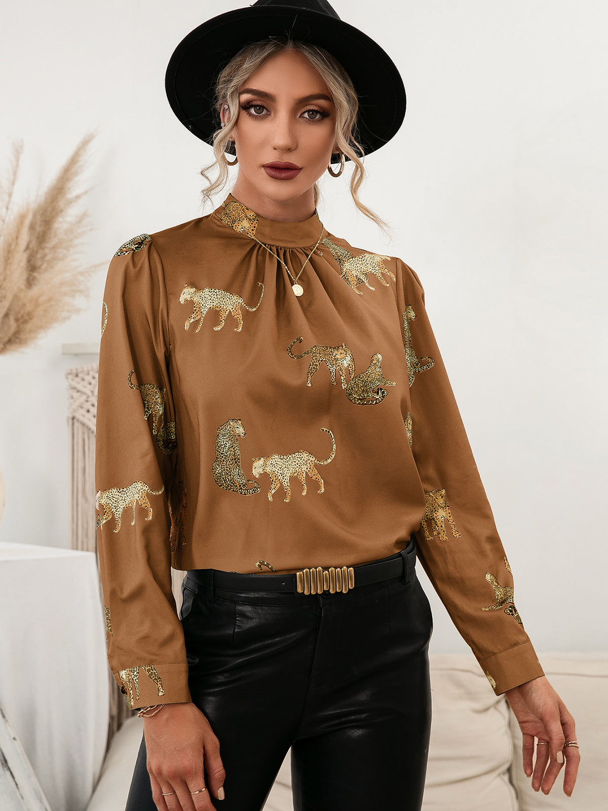 leopard graphic mock neck puff sleeve blouse