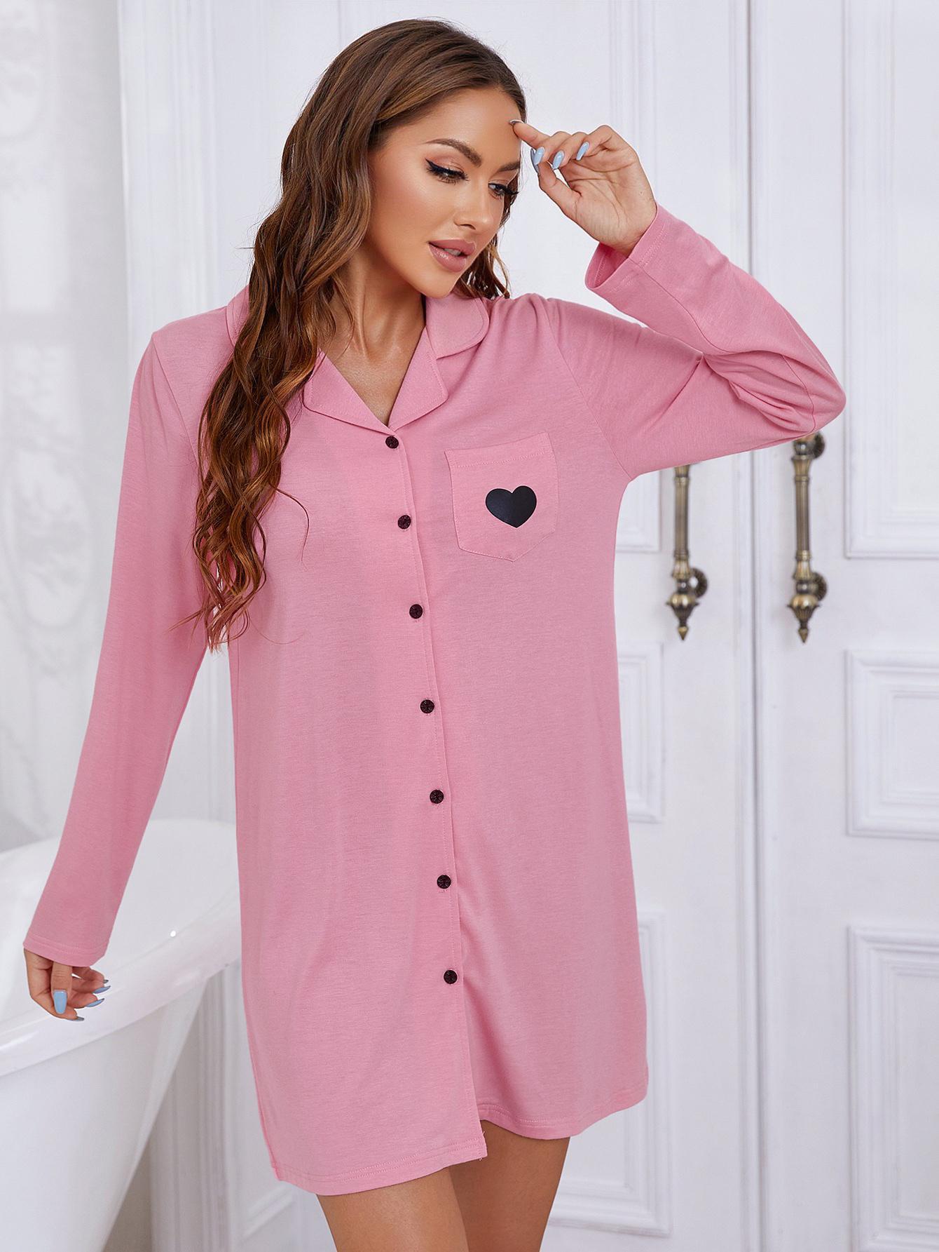 heart graphic lapel collar long sleeve night dress