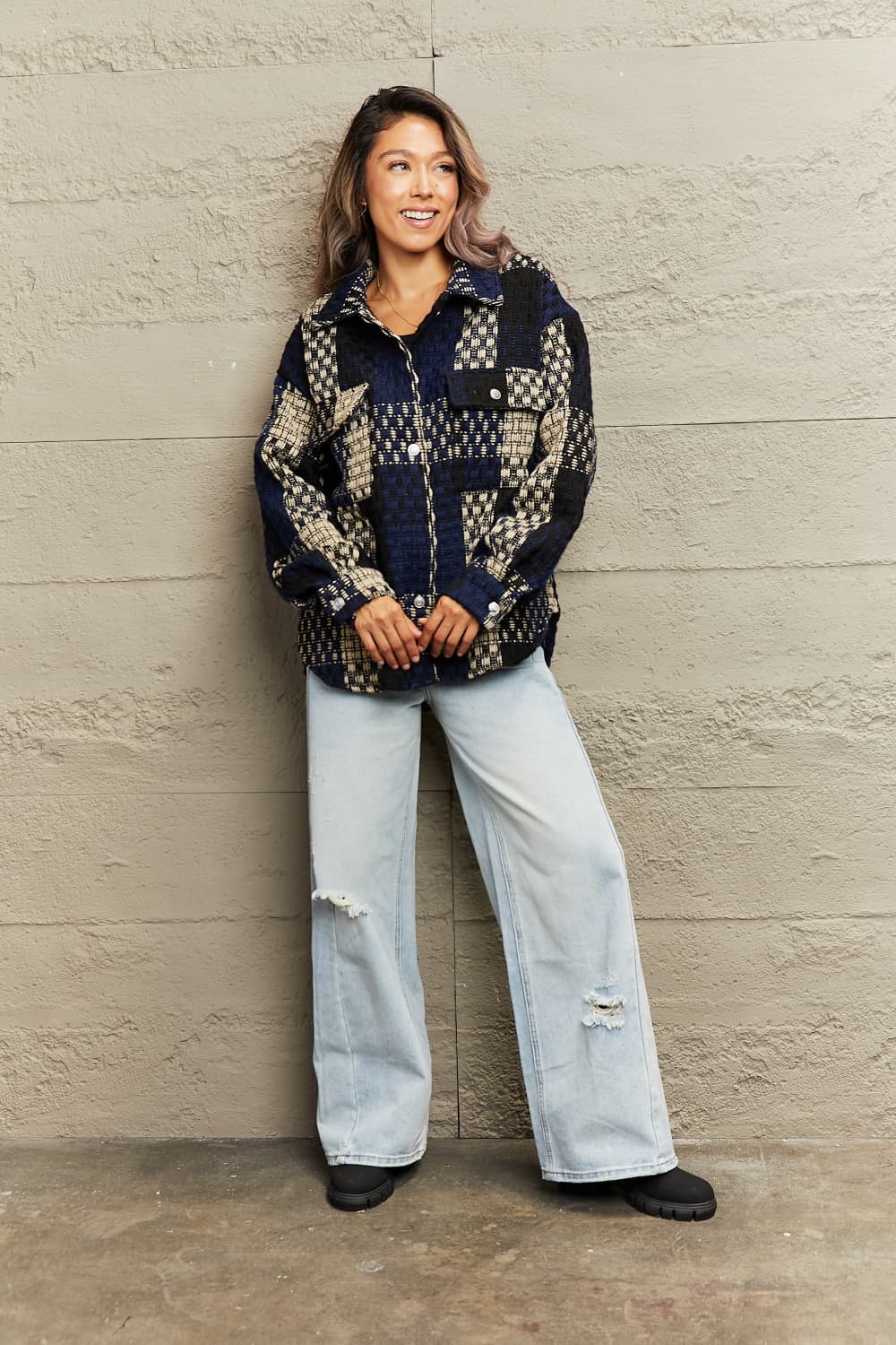 plaid collared neck drop shoulder jacket