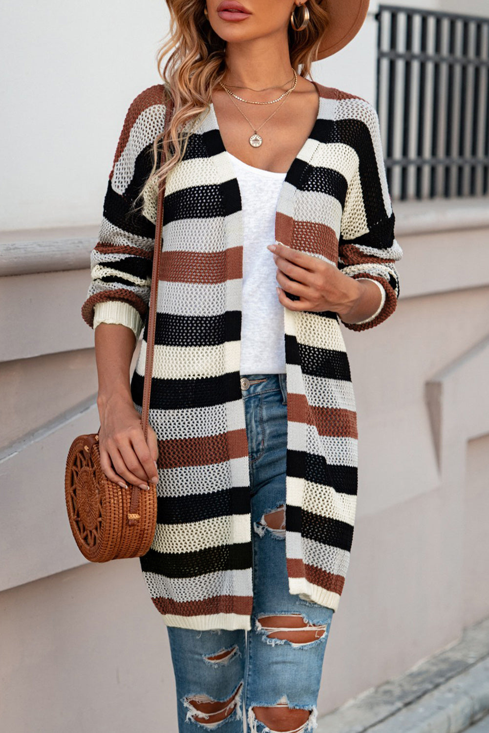 full size striped long sleeve openwork cardigan
