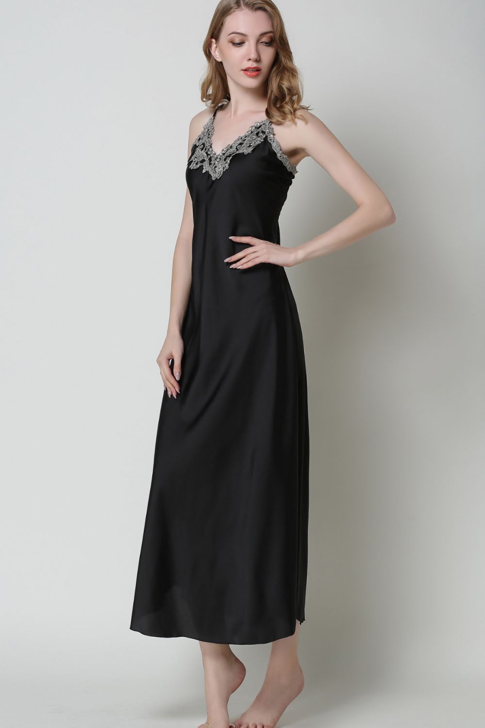 full size lace trim v-neck spaghetti strap satin night dress